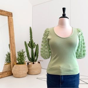 Dolan Short Sheer Puff Ruffle Sleeve Ribbed Top